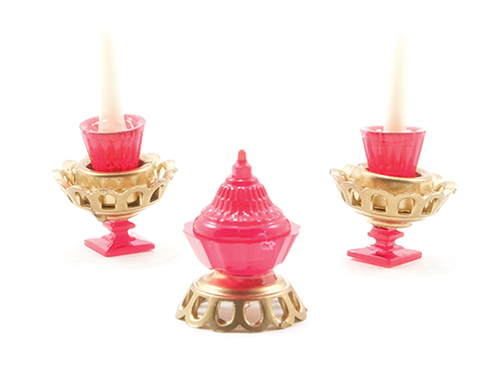 Dollhouse Miniature Candlesticks W/Candy Dish Set, 3Pc